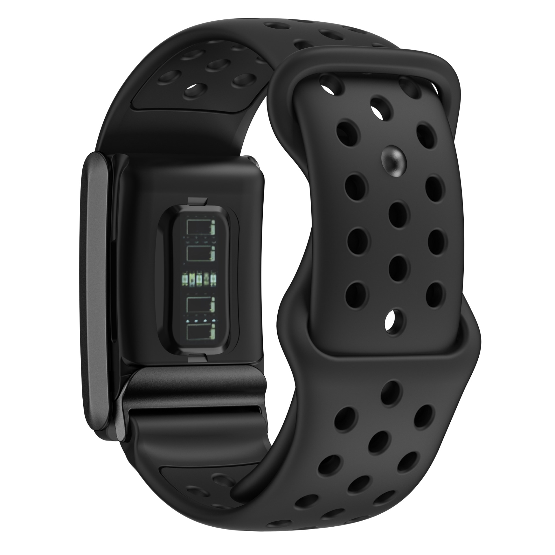Schwarzer Fitness-Tracker mit Display und perforiertem Armband, schräge Ansicht auf weißem Hintergrund.