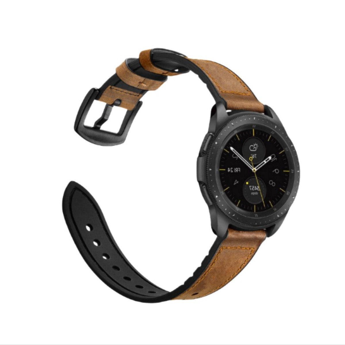 Uno smartwatch nero con cinturino in pelle marrone è mostrato su sfondo bianco. Il quadrante mostra varie icone.