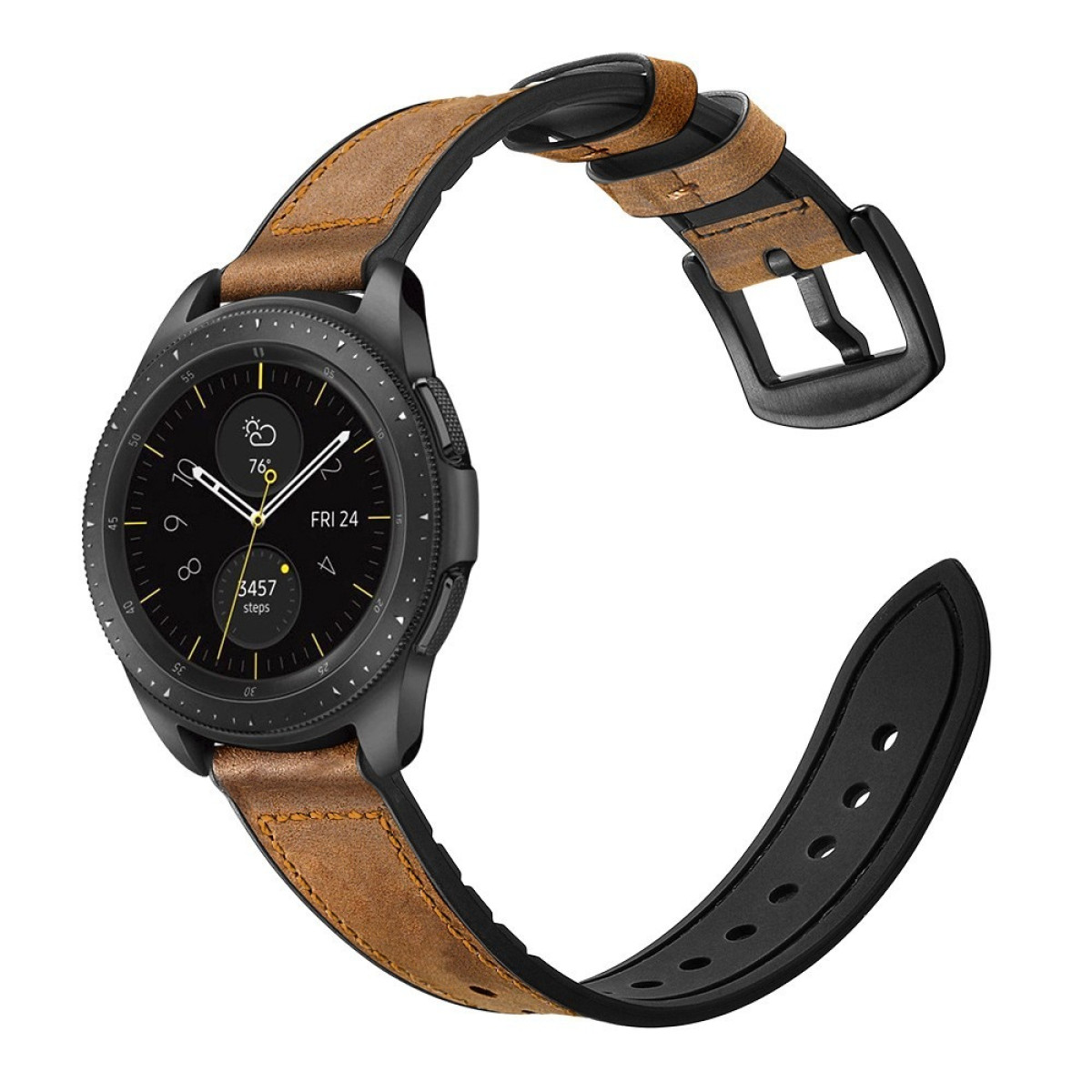 Uno smartwatch nero con cinturino in pelle marrone su sfondo bianco. L'orologio mostra la data e i passi.