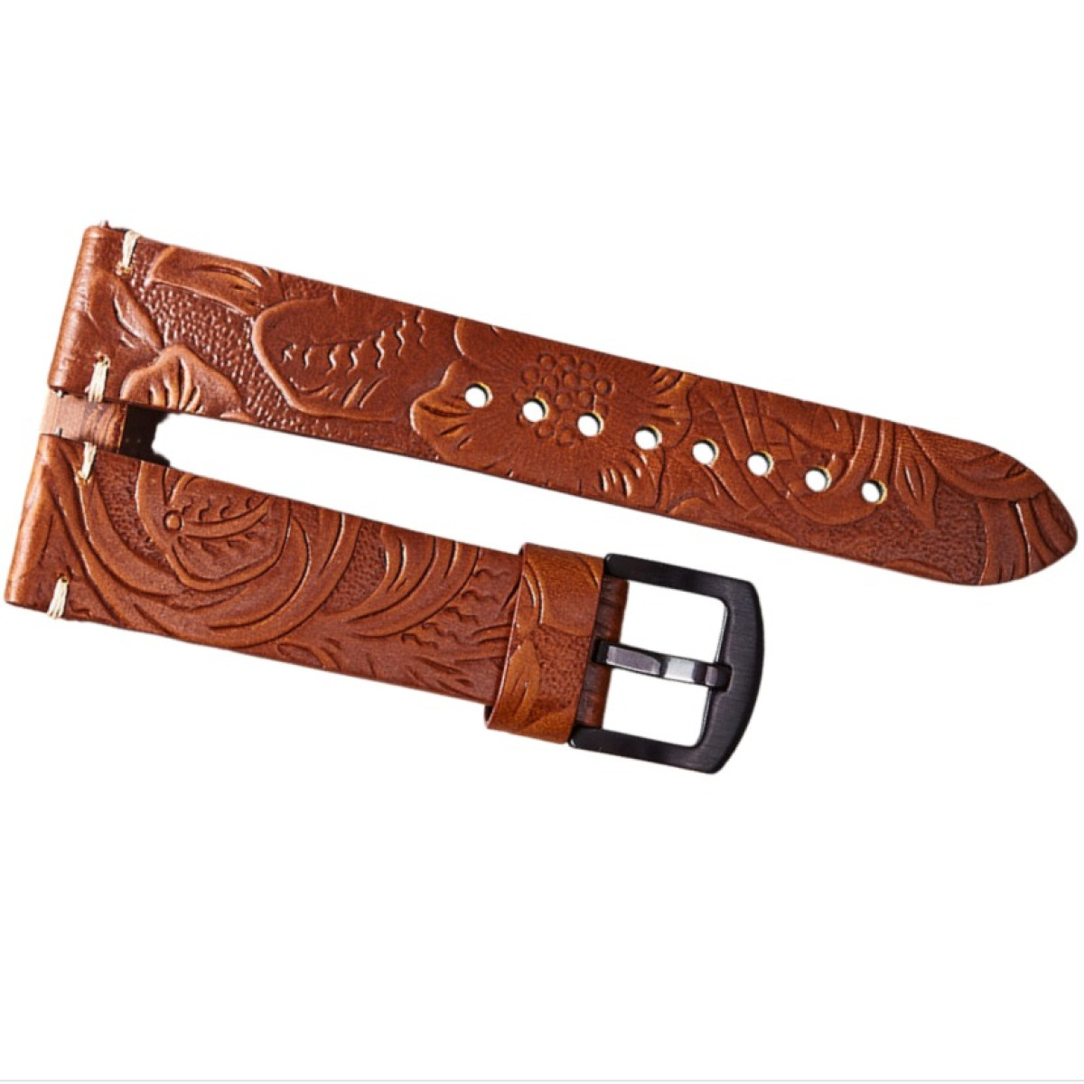 Cinturino per orologio in pelle marrone con motivo floreale e fibbia nera, su sfondo bianco.