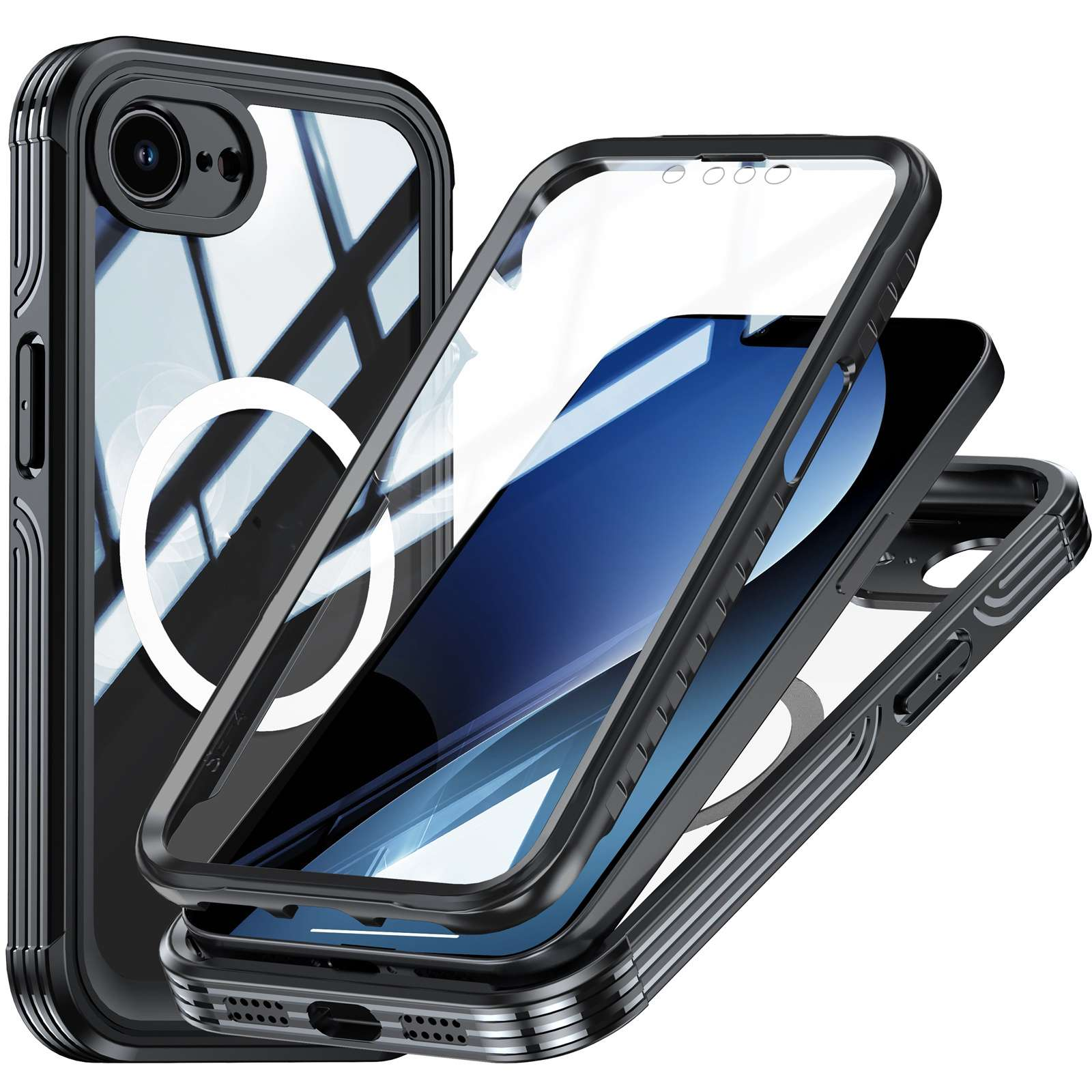 Eine zerlegte Handyhülle mit den Schichten: schwarzer Rahmen, klarer Displayschutz und Telefon. Auf der Rückseite befindet sich ein weißer Ring.