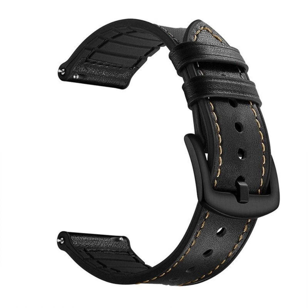 Cinturino in pelle nera con cuciture gialle. Ha una fibbia nera ed è curvo. Il cinturino è per un orologio.