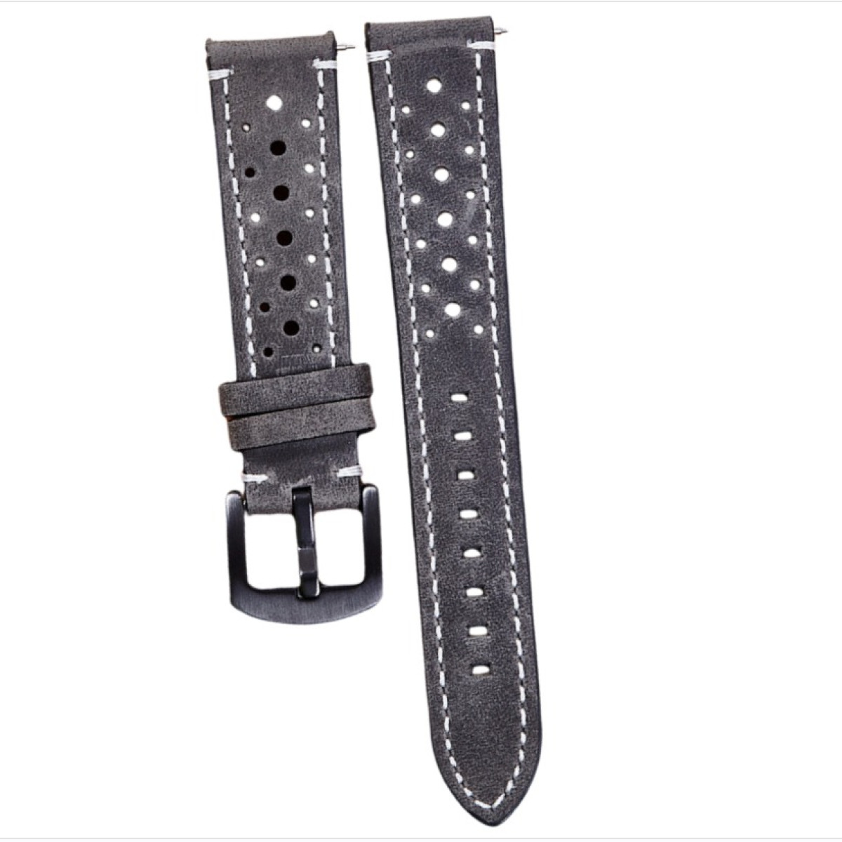 Zwei graue Uhrenarmbänder mit weißen Nähten und Perforationen. Eines hat eine schwarze Schnalle.