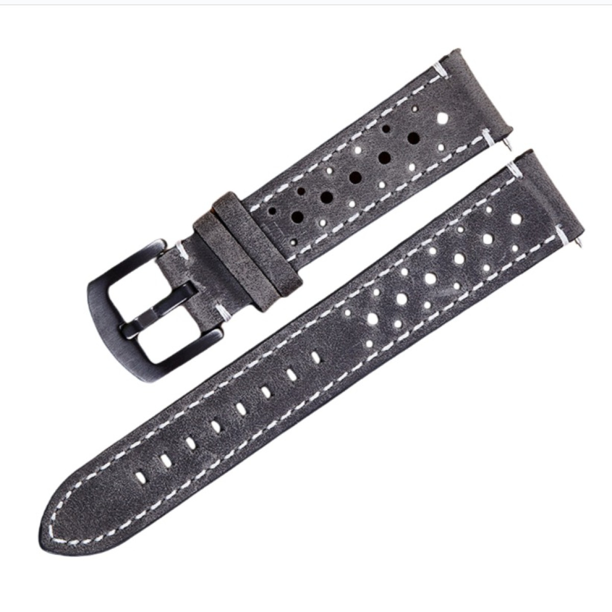 Zwei graue Leder-Armbanduhren mit weißen Nähten und Perforationen. Einer hat eine schwarze Schnalle.