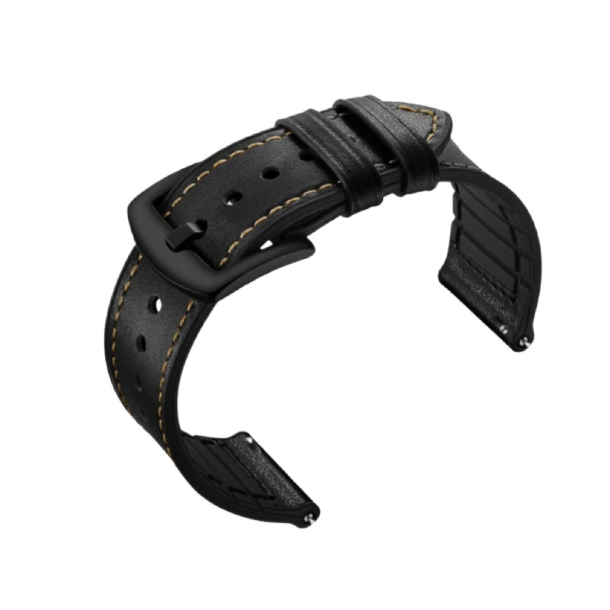 Un cinturino per orologio in pelle nera con cuciture dorate e fibbia nera, isolato su sfondo bianco.
