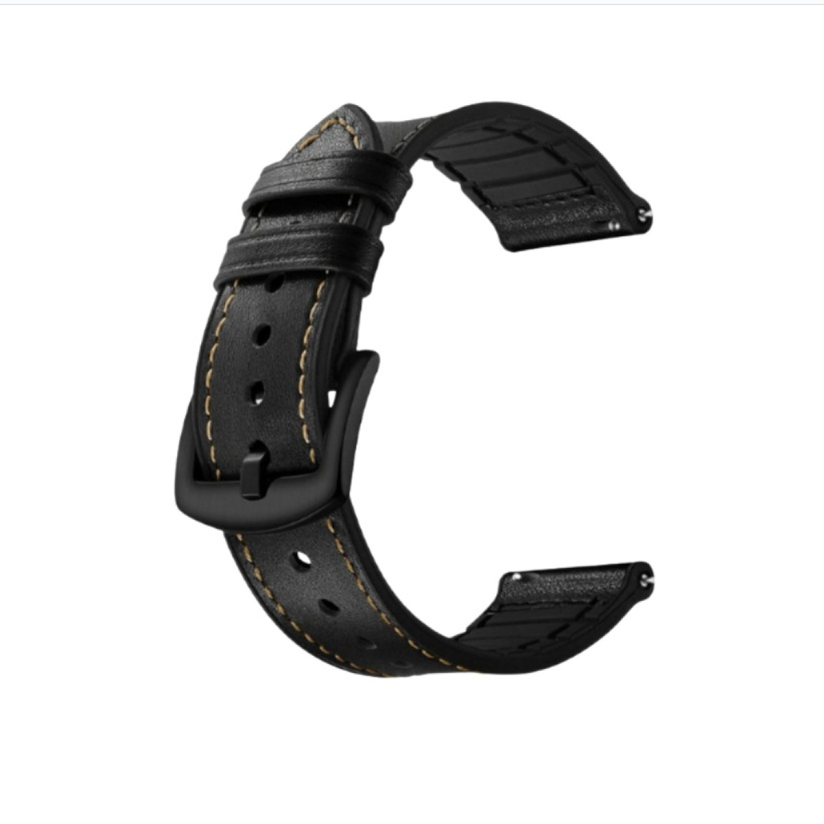 Cinturino in pelle nera con cuciture dorate e fibbia nera su sfondo bianco. Il cinturino ha un lato inferiore strutturato.