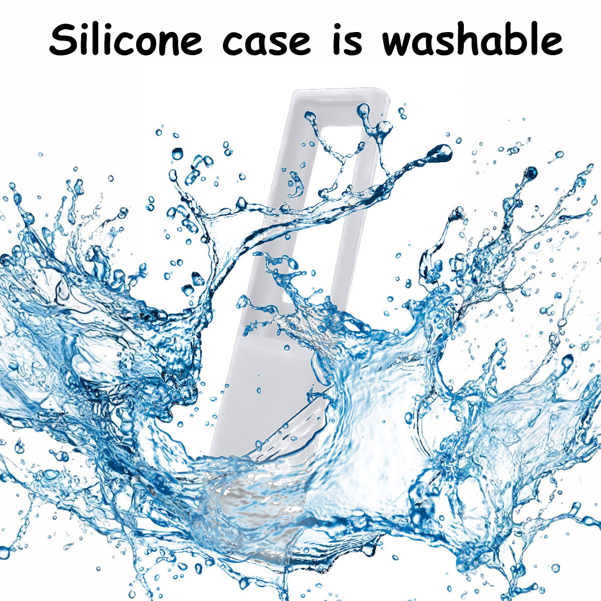 Ein weißes Silikonetui ist von einem Wasserspritzer umgeben. Der Text lautet 'Silikonhülle ist waschbar'.