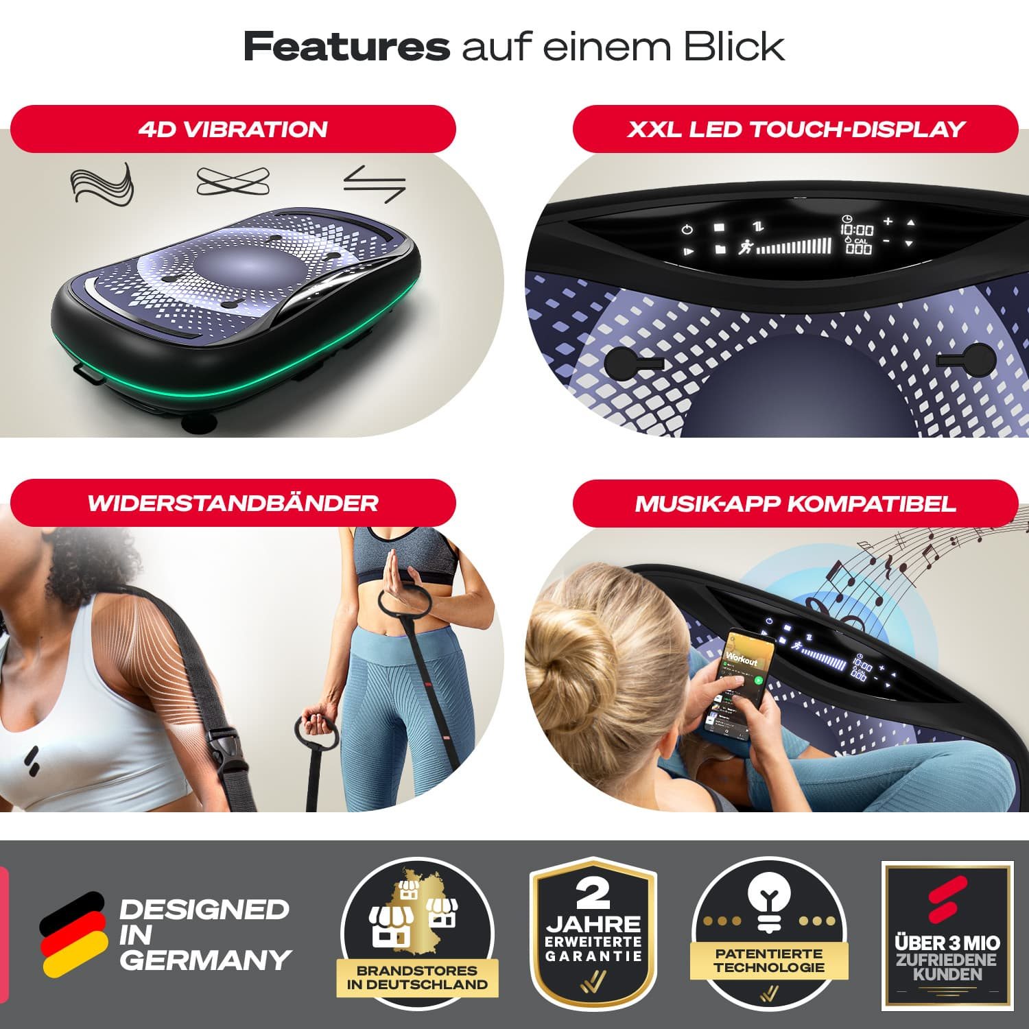 Bild zeigt Fitnessgeräte-Funktionen: 4D-Vibration, Touch-Display, Widerstandsbänder, Musik-App-Kompatibilität und deutsches Design.