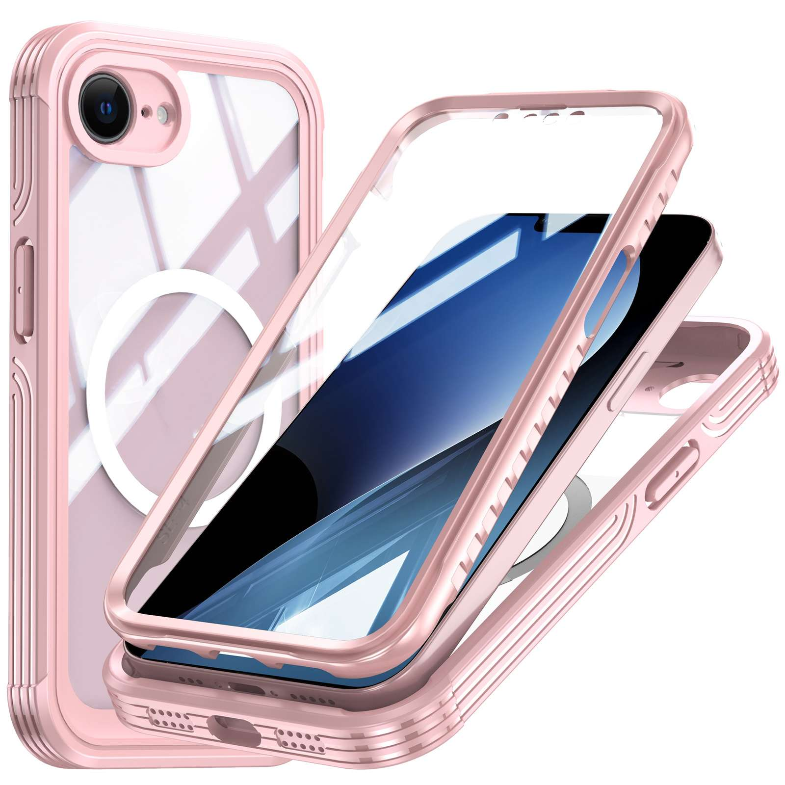 Rosa Handyhülle mit durchsichtigem Rücken und Displayschutz. Das Telefon ist darin. Die Hülle ist in separaten Teilen.