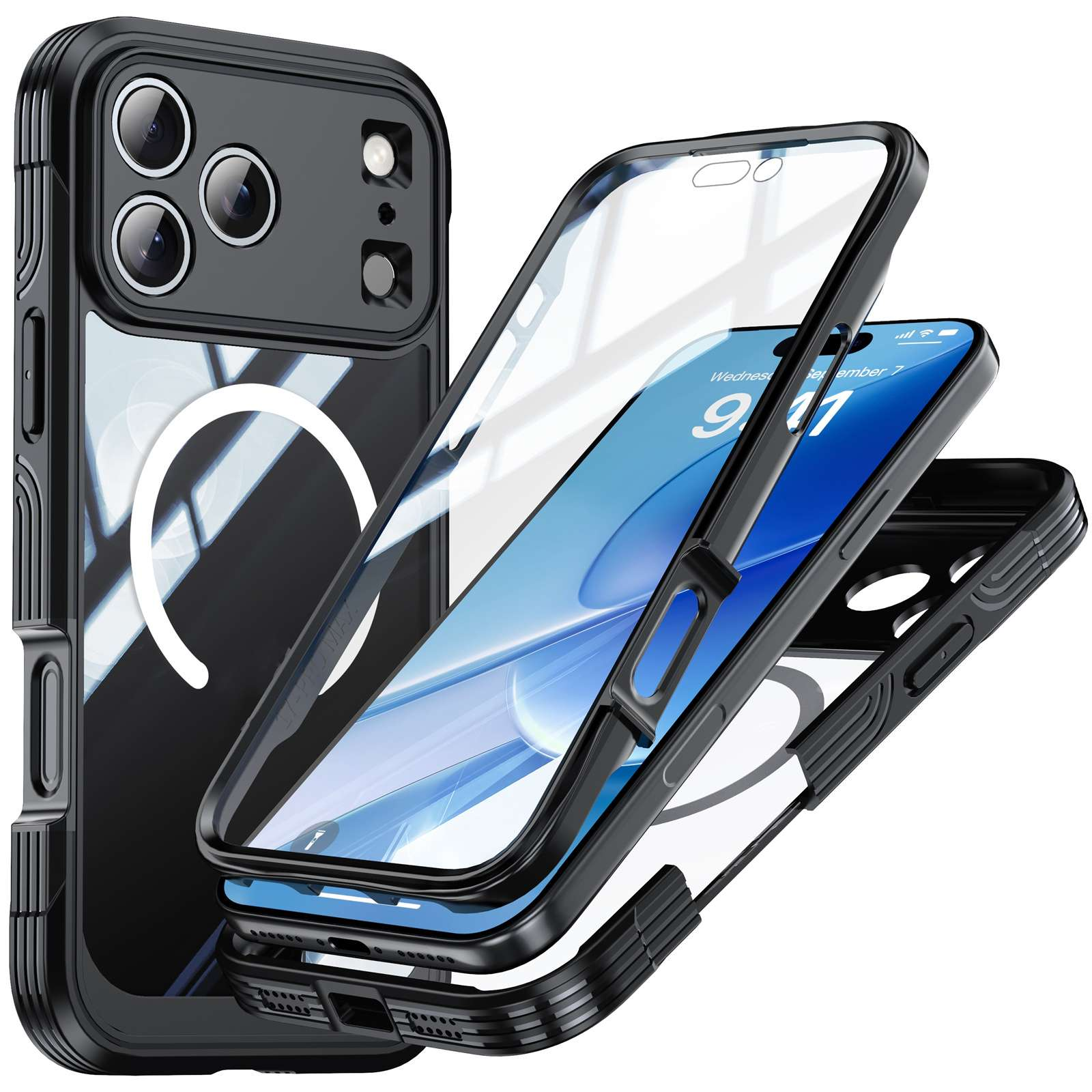 Schwarze Handyhülle mit drei Schichten, einschließlich Telefon, Schutzfolie und Rückseite, mit weißem Kreis auf der Rückseite.