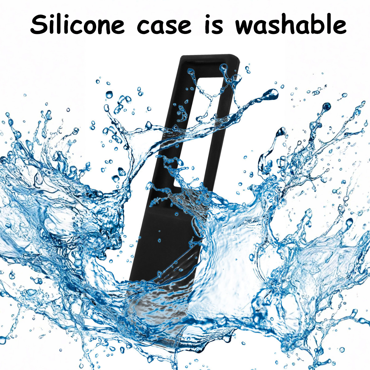Eine schwarze Silikonhülle wird mit Wasserspritzern gezeigt. Der Text "Silikonhülle ist waschbar" steht oben.