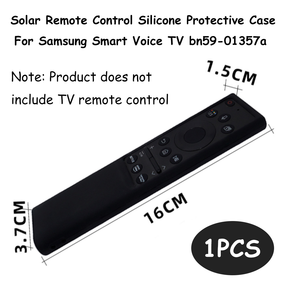 Schwarze Silikon-Fernbedienungshülle für Samsung TV. Abmessungen: 16 cm lang, 3,7 cm breit und 1,5 cm dick. Das Produkt enthält keine Fernbedienung.