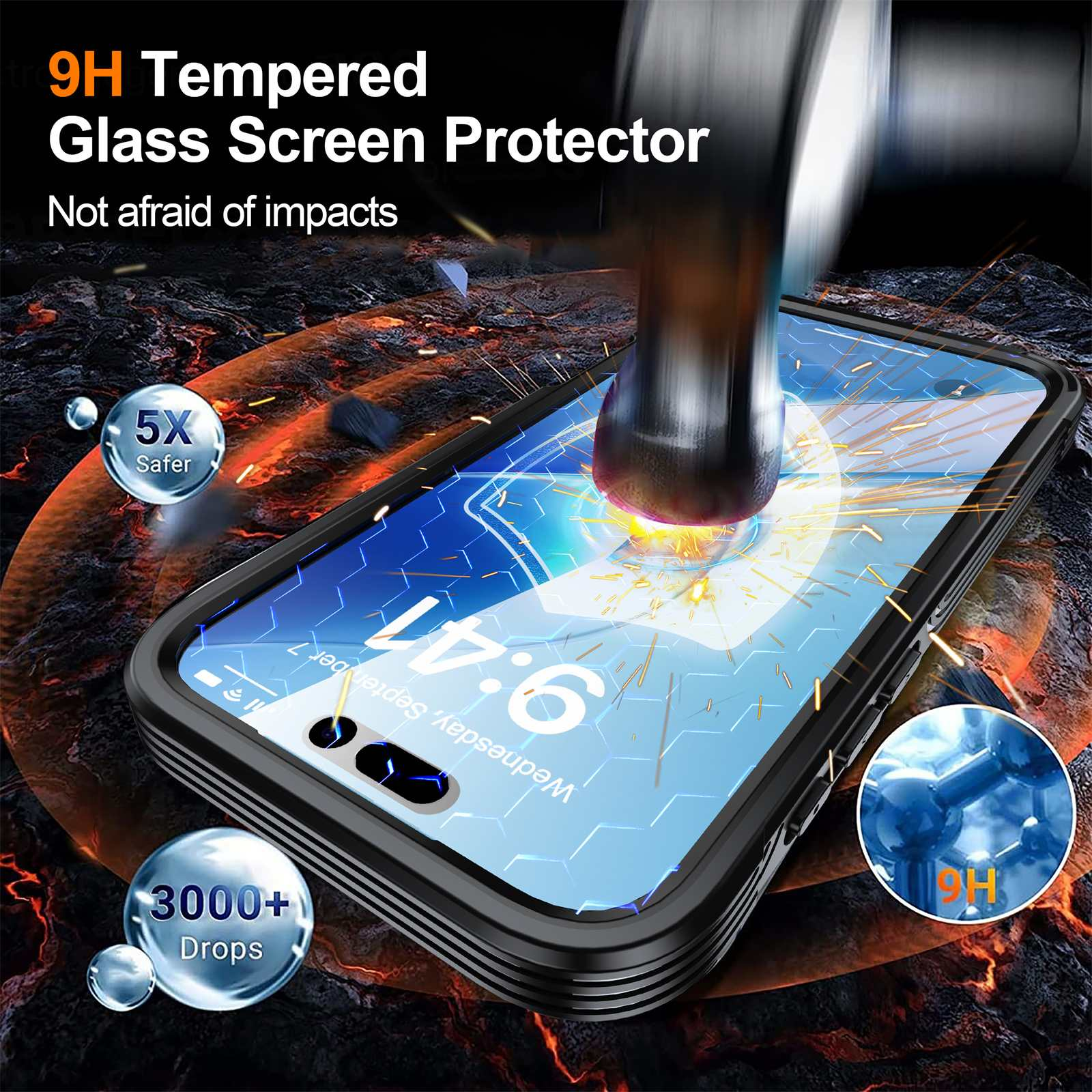 Ein Telefon mit Displayschutzfolie wird von einem Hammer getroffen. Der Displayschutz hat Text und Symbole zum Schutz.