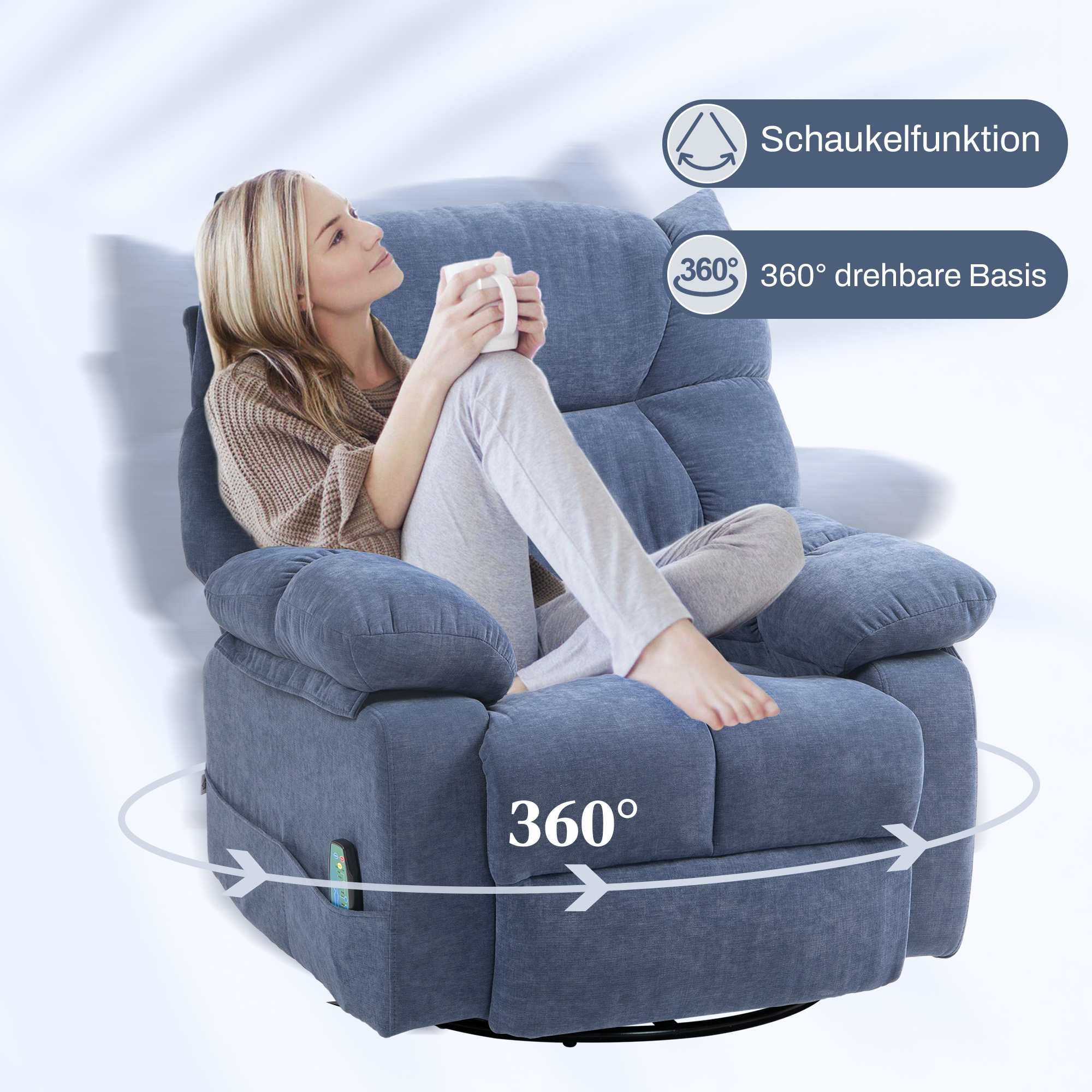 Frau im blauen Sessel mit Tasse. Funktionen: Schwenk- und Schaukelfunktion. Graue Hose und Pullover.