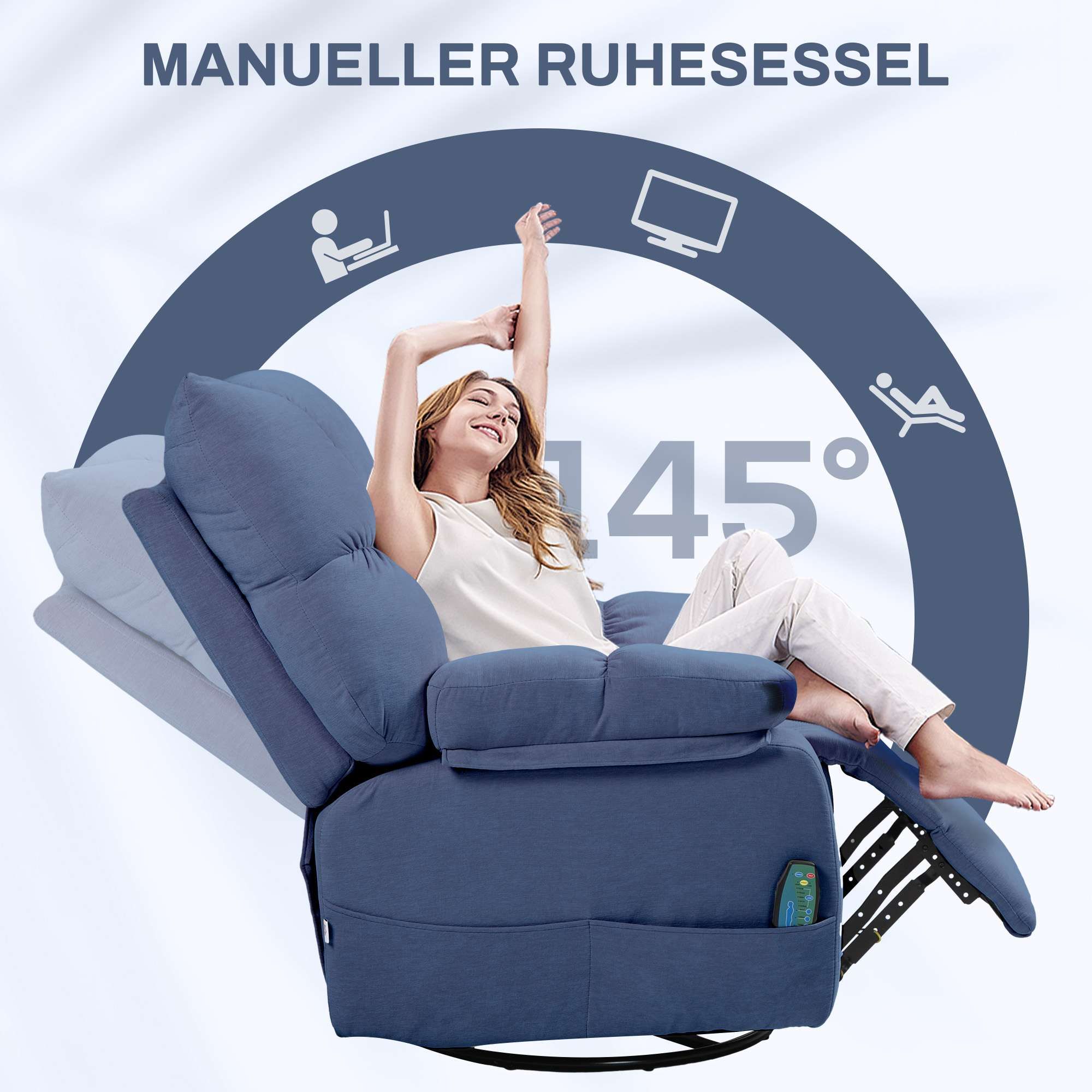 Frau im Relaxsessel mit erhobenen Armen. Blauer Stuhl, grauer Hintergrund, weißer Text '145°'.