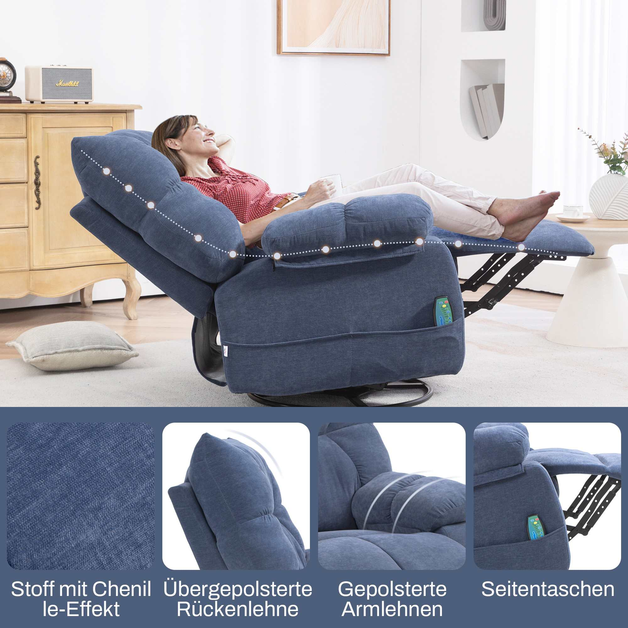 Eine Frau entspannt sich auf einem blauen Relaxsessel, Kopf zurück, Füße hoch. Der Raum umfasst einen Schrank, einen Beistelltisch und eine weiße Wand.