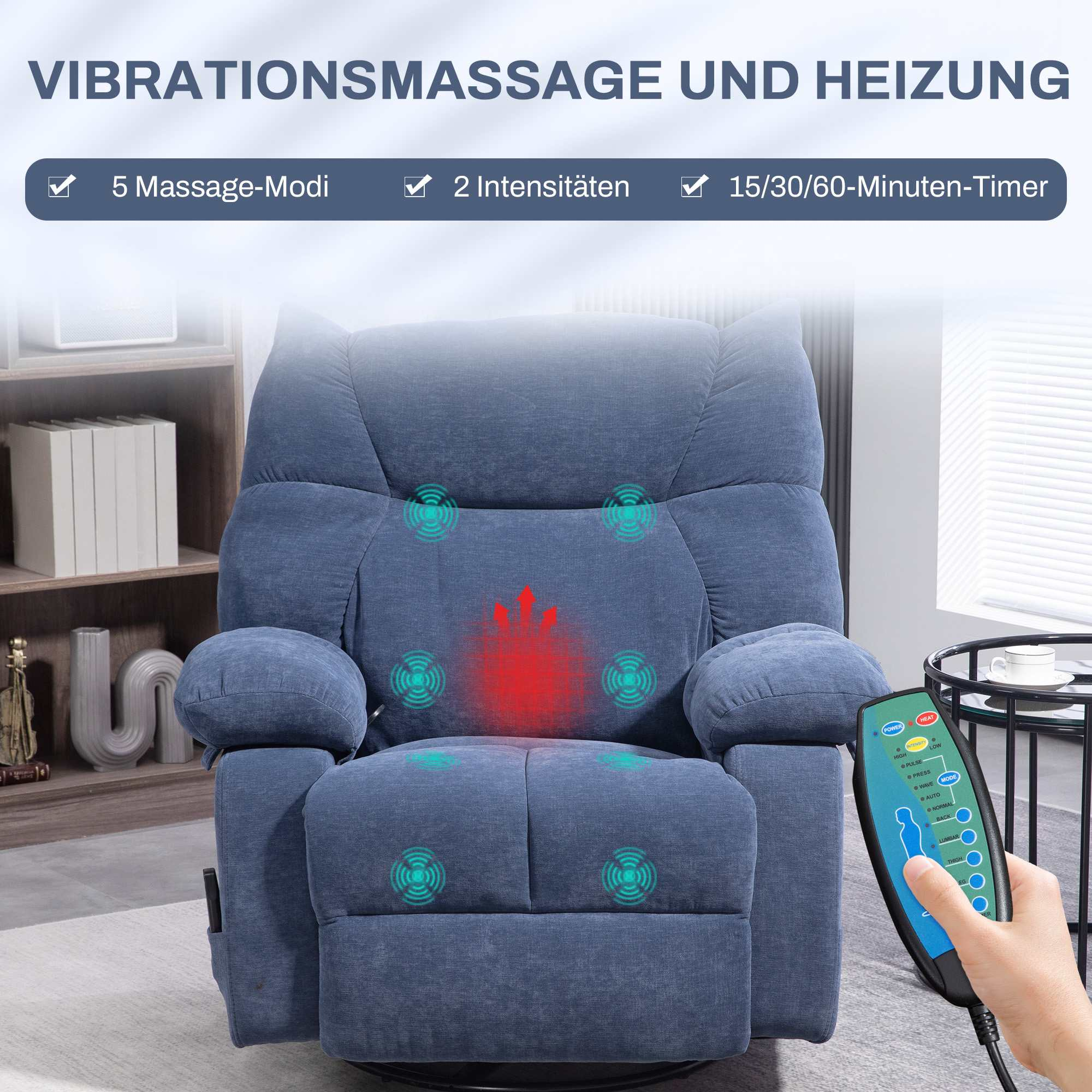 Blauer Massagestuhl mit Fernbedienung. Merkmale: 5 Modi, 2 Intensitäten, Timer. Text: Vibrationsmassage und Heizung.