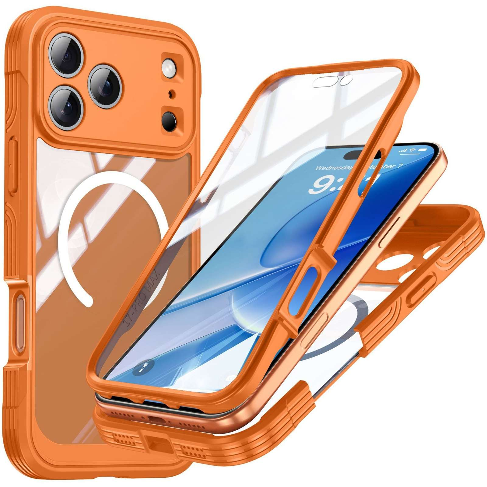 Eine orangefarbene Handyhülle in mehreren Teilen, einschließlich eines Displayschutzes, wird mit einem Handy darin angezeigt. Das Telefon zeigt das Datum.