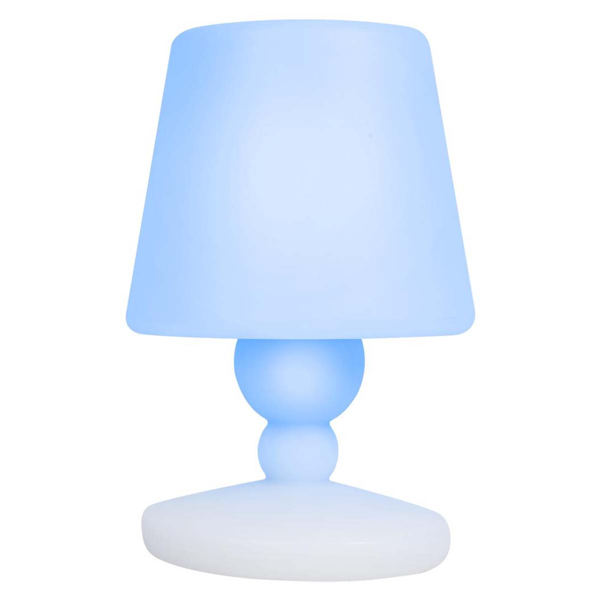 Una lampada da comodino blu con base arrotondata, supporto centrale sferico e paralume conico, il tutto su sfondo bianco.