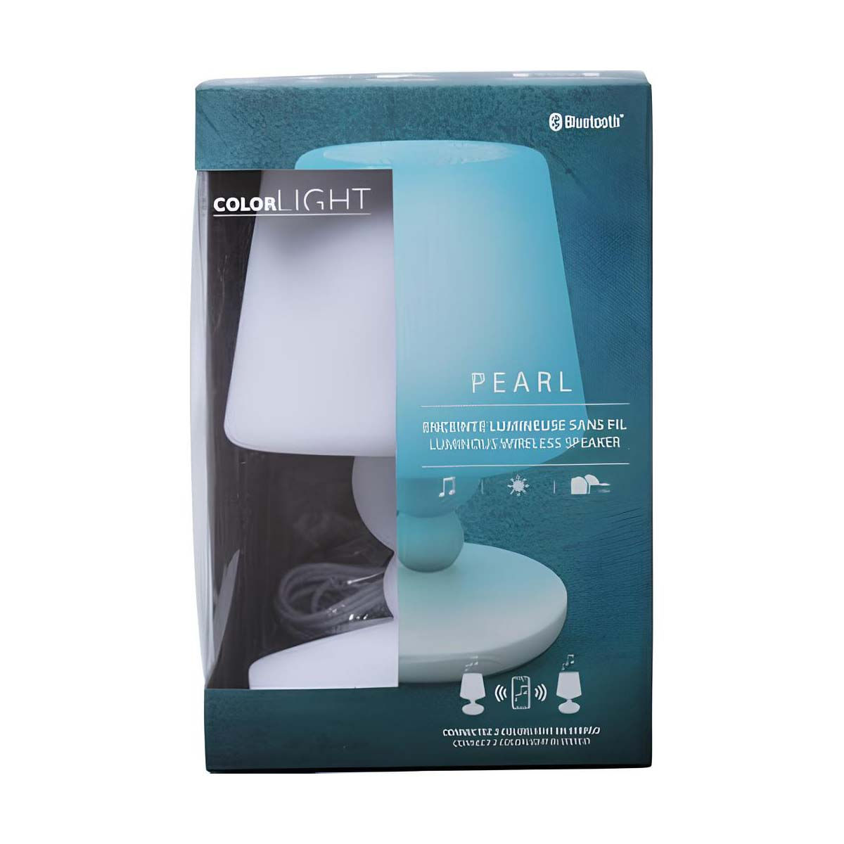 La scatola mostra una lampada ColorLight Pearl bianca e blu con 'Bluetooth'. Testo: 'Altoparlante wireless luminoso brillante'.