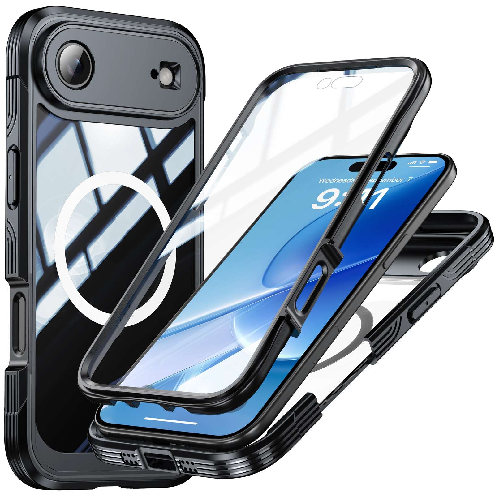 Eine schwarze Handyhülle mit einem transparenten Displayschutz und einem Telefon darin. Das Telefon zeigt Mittwoch, 7. September.