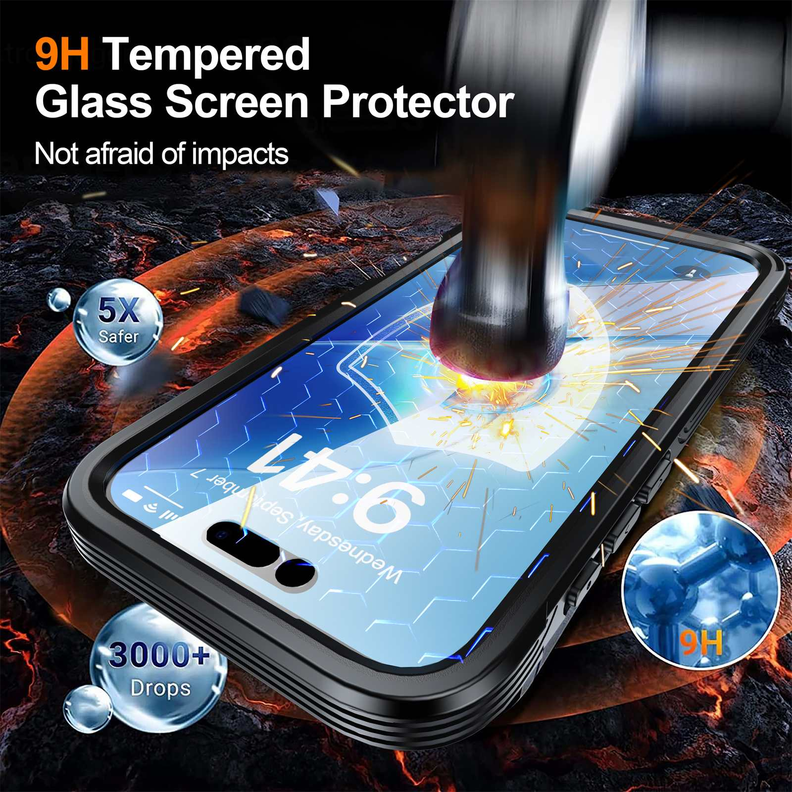 Ein Displayschutz mit Hammertest. Text sagt '9H Tempered Glass'. Einsätze zeigen Sturz- und Schlagfestigkeit.