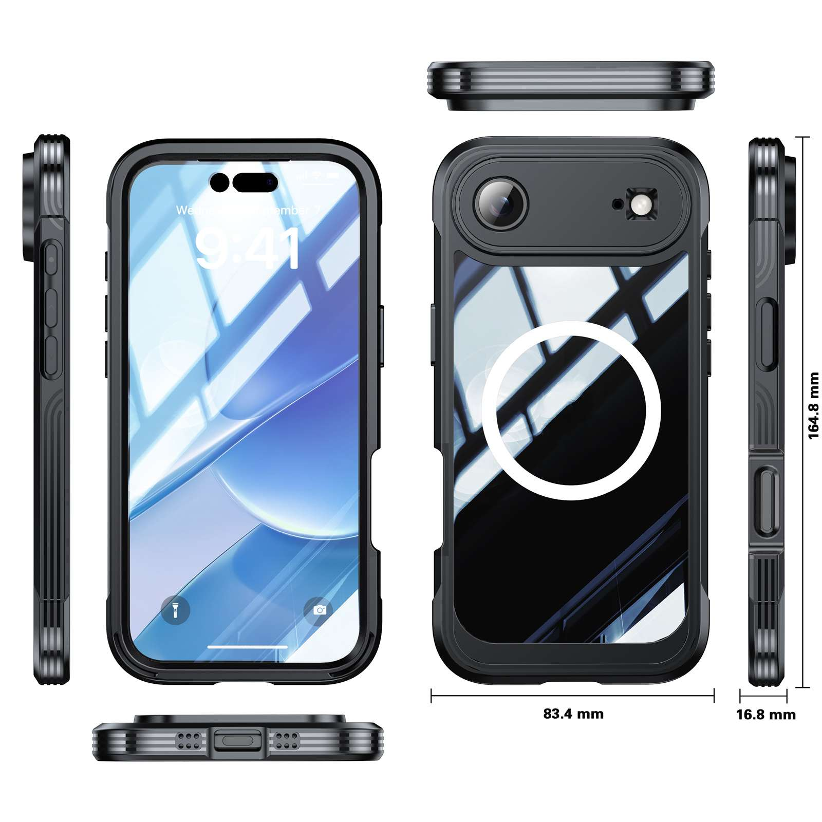 Schwarze Handyhülle mit Telefon darin. Display zeigt Uhrzeit. Abmessungen werden angezeigt. Seiten- und Draufsicht der Hülle.