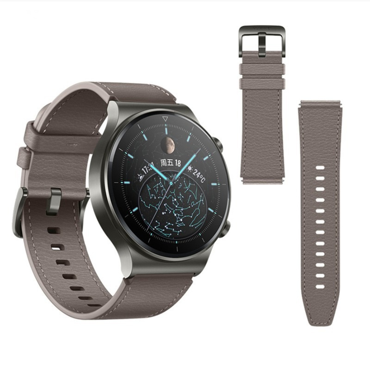 Smartwatch grigio con cinturini in pelle e cinturino separato. Il quadrante mostra l'ora e una mappa stellare.