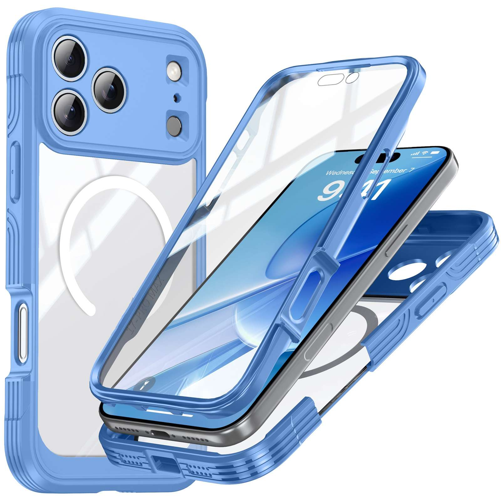 Blaue Handyhülle mit transparentem Rücken, zerlegt. Das Telefon zeigt Mittwoch, 7. September um 9:17 Uhr.