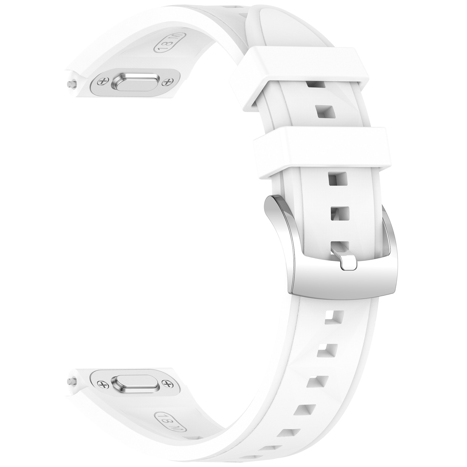 Cinturino bianco con fibbia argentata. Design curvo. Il cinturino ha fori quadrati per la regolazione. Sfondo bianco.
