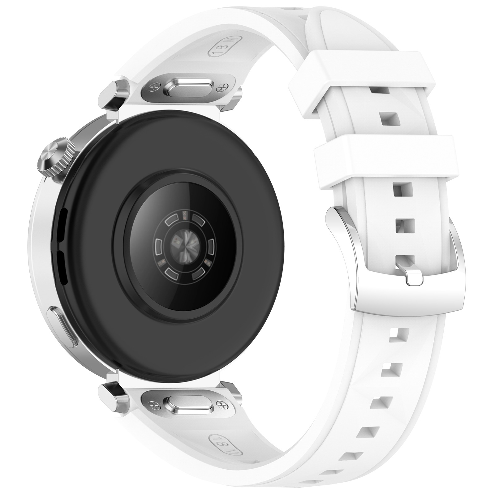 Smartwatch bianca con retro nero. Cinturino bianco. Cornice e dettagli metallici. L'orologio è su sfondo bianco.