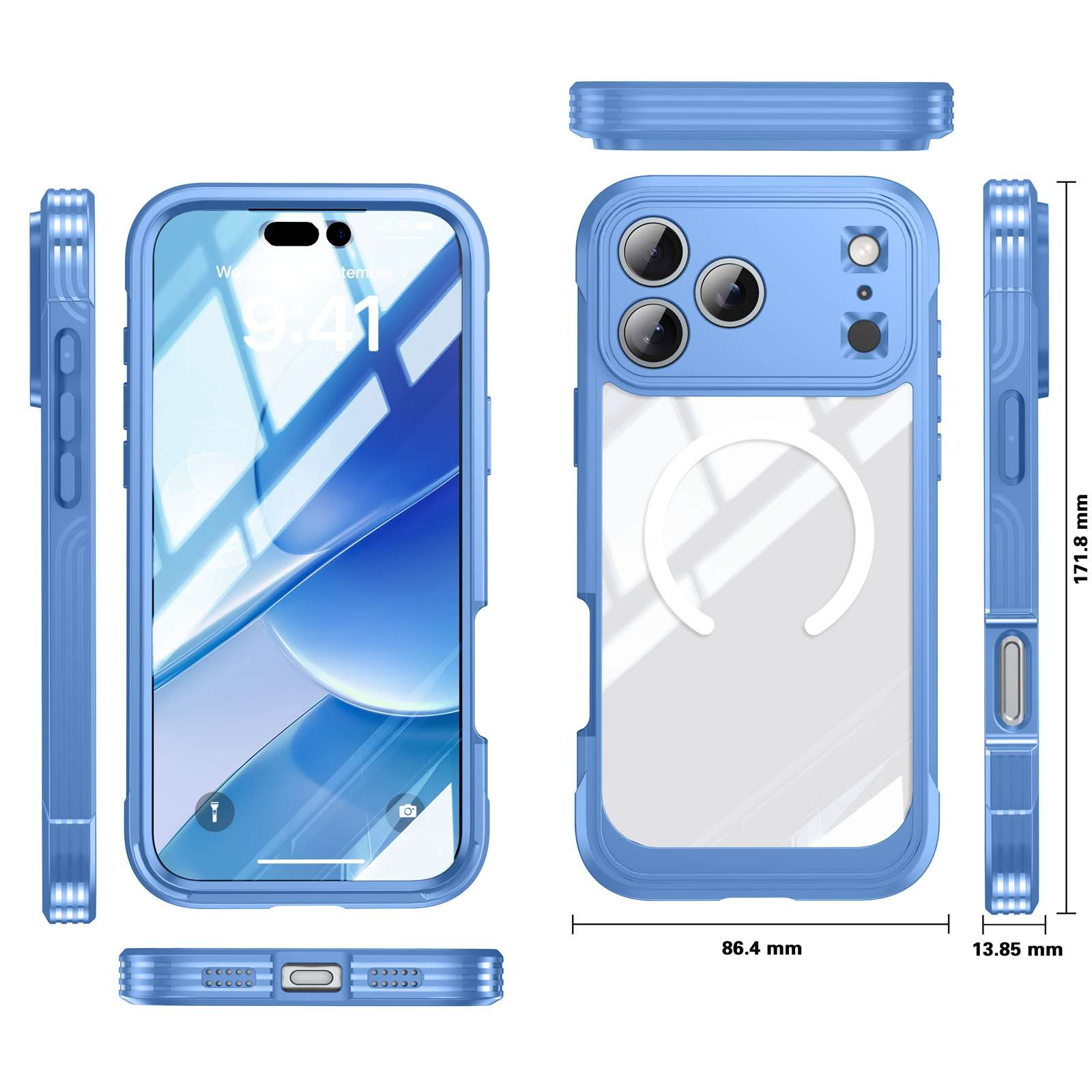 Eine blaue Handyhülle mit einem Telefon darin. Die Hülle hat eine transparente Rückseite und blaue Ränder. Abmessungen sind angegeben.