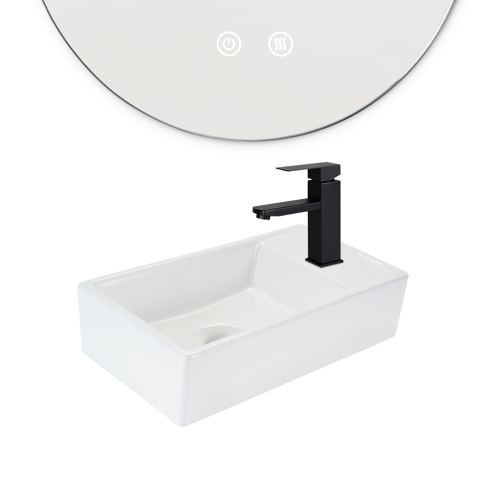 Biała prostokątna umywalka z czarną baterią. Powyżej częściowe okrągłe lustro z symbolami zasilania i ciepła.