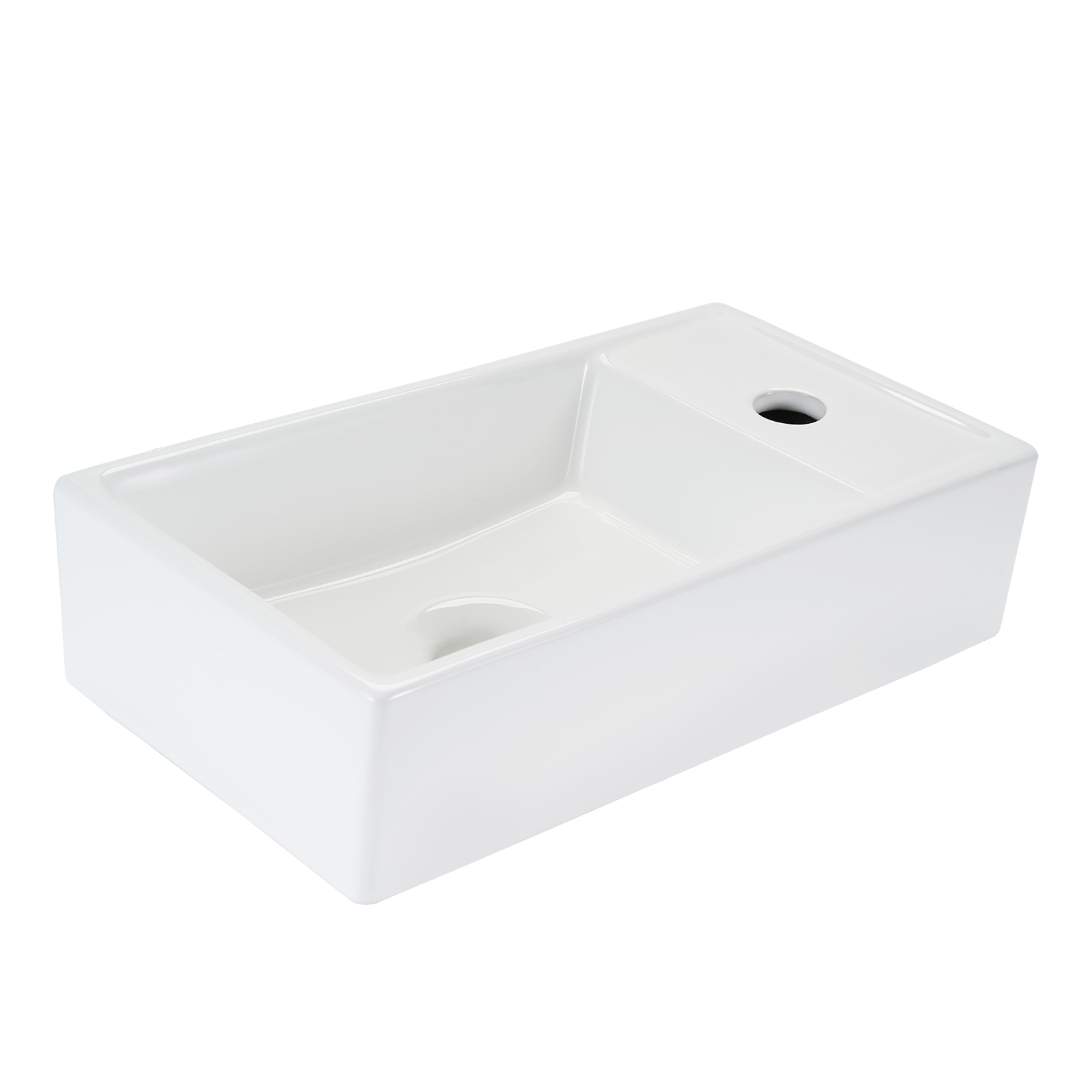Biały prostokątny ceramiczny zlew z dwoma otworami odpływowymi. Zlew jest odizolowany na białym tle.