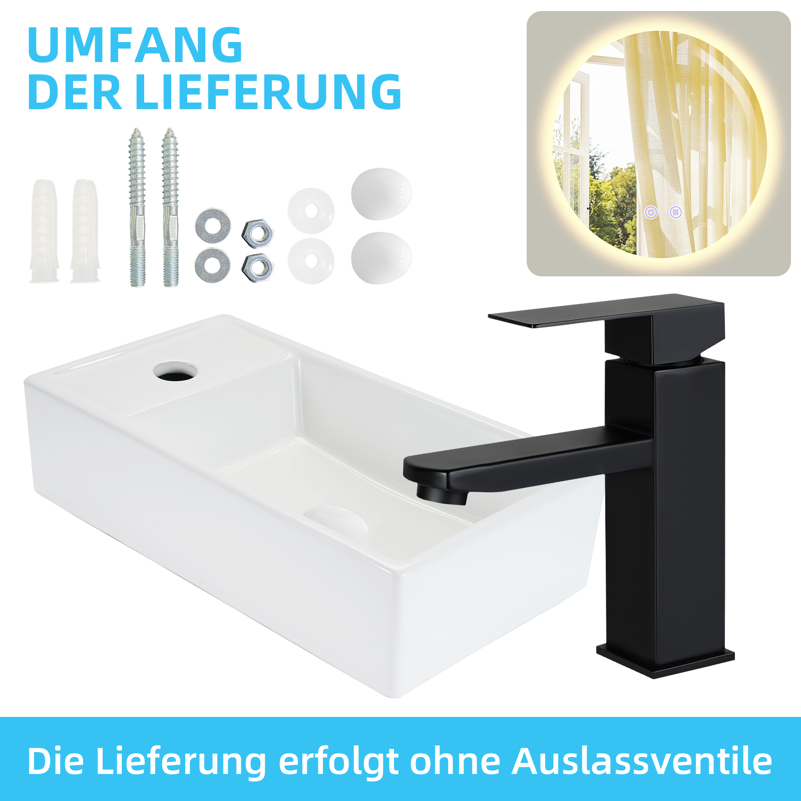 Biała umywalka z czarną baterią, akcesoriami i podświetlanym lustrem. Tekst: 'Zakres dostawy' i 'Dostawa bez zaworów spustowych'.
