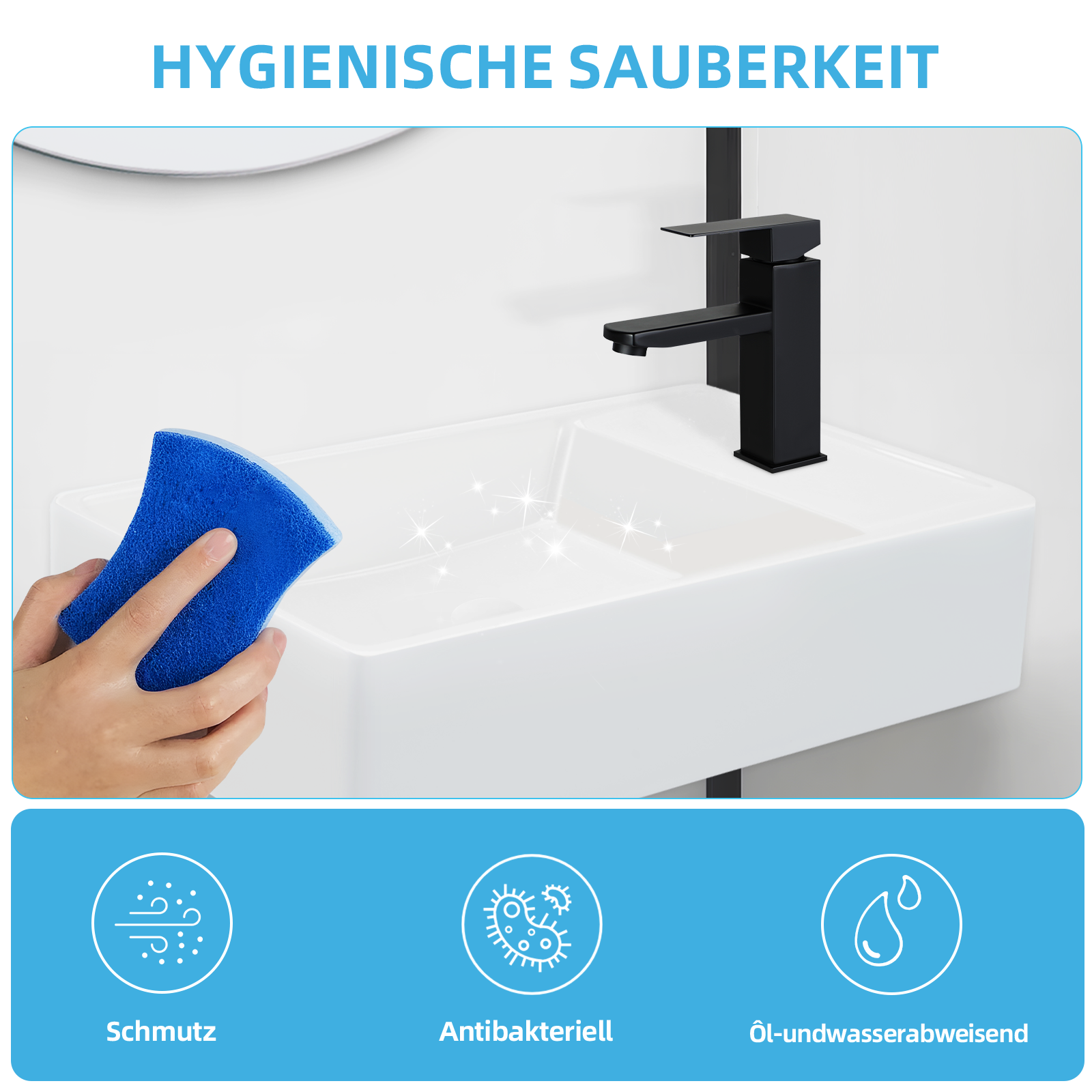 Dłoń trzymająca niebieską gąbkę czyści biały zlew. Czarna bateria znajduje się na zlewie. Na zdjęciu znajdują się ikony czystości.