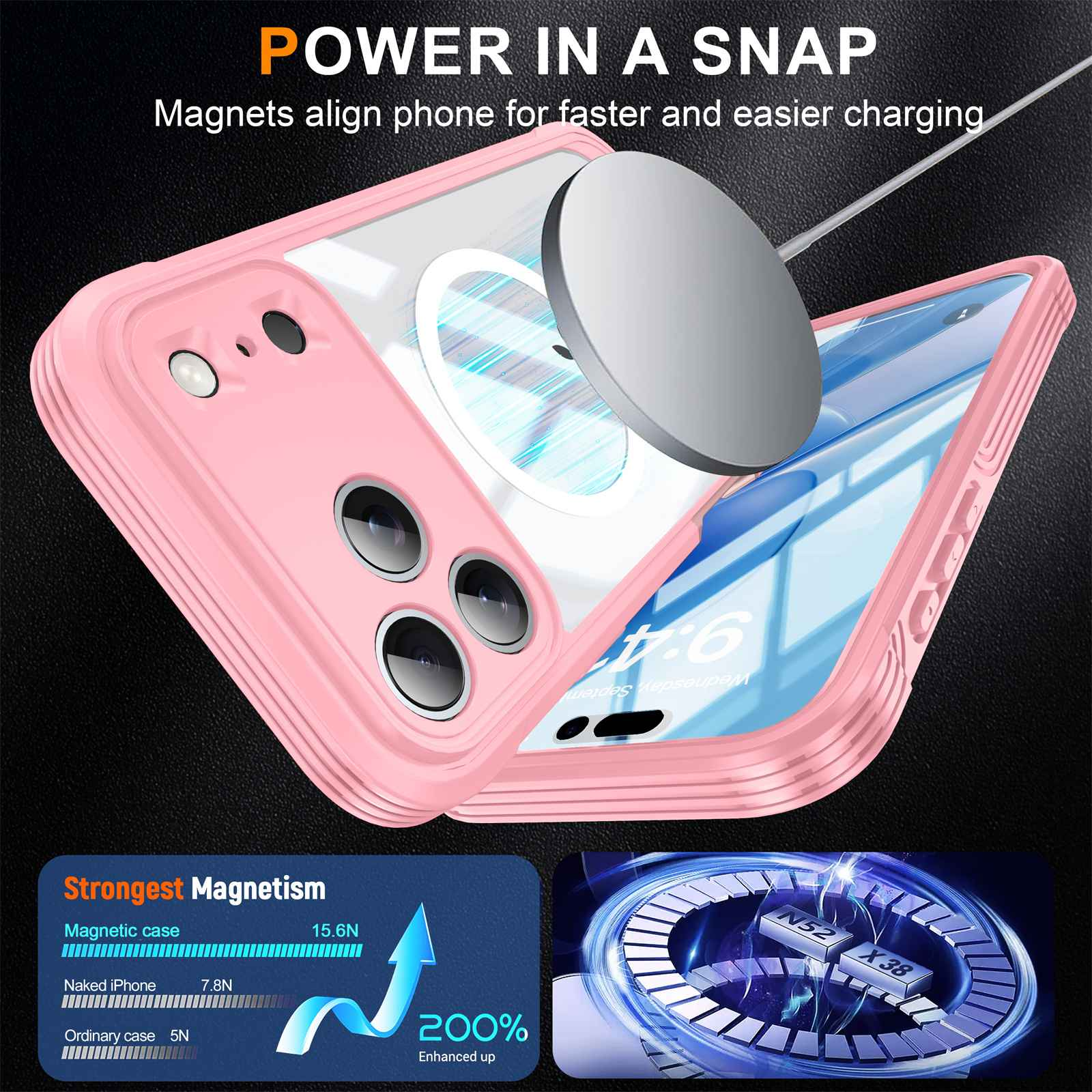 Eine rosa Handyhülle mit einem Telefon, einem magnetischen Ladegerät und Text über starke Magnete.