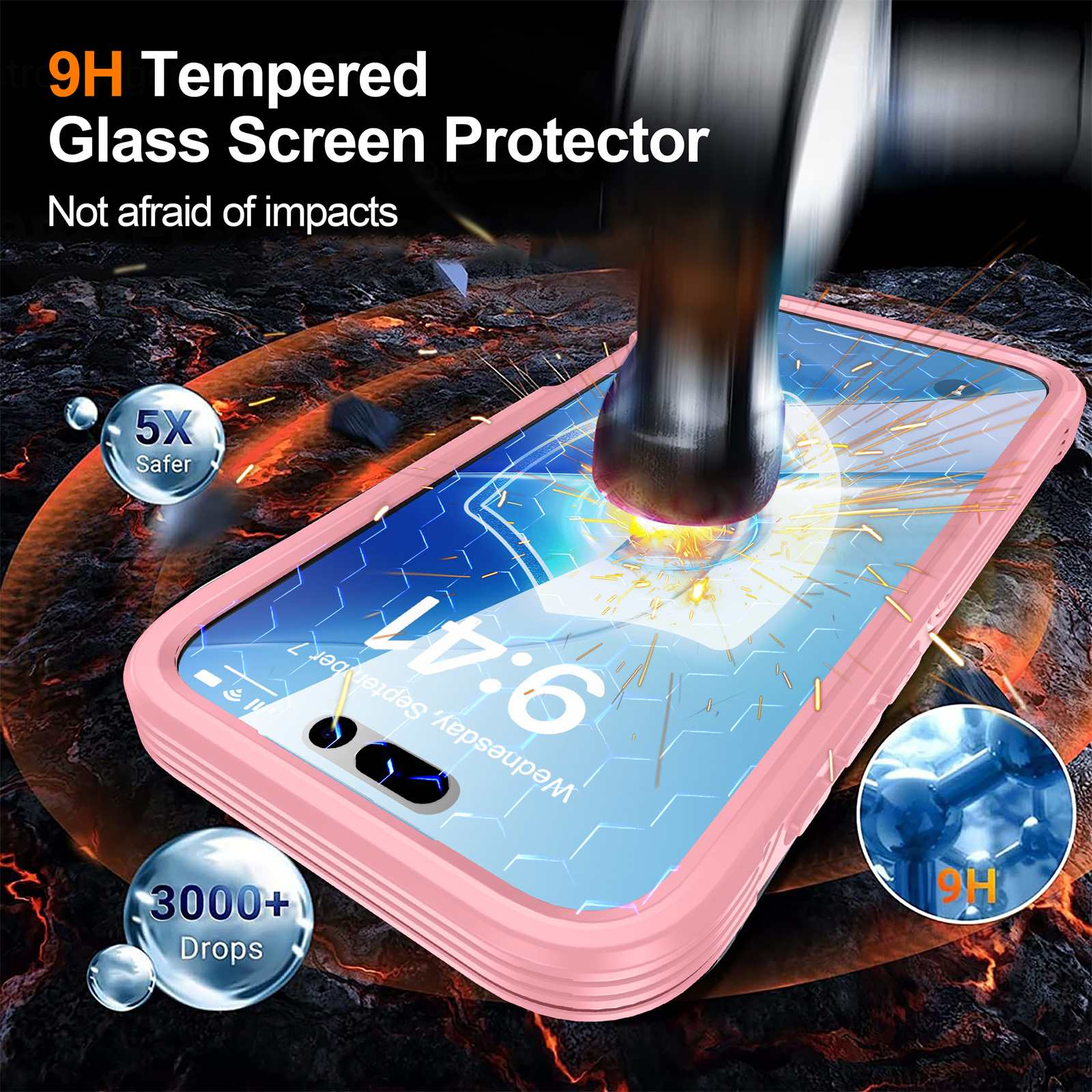 Ein Displayschutz wird von einem Hammer getroffen. Text zeigt 9H gehärtetes Glas. Das Telefon ist in einer rosa Hülle.