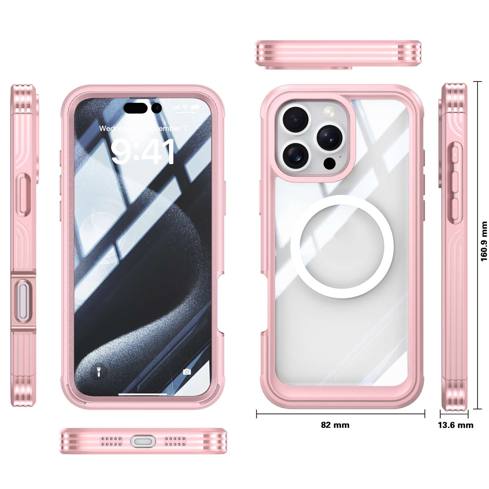 Rosa Handyhülle mit Handy-Display. Abmessungen sind angegeben. Die Hülle ist transparent mit weißem Kreis.