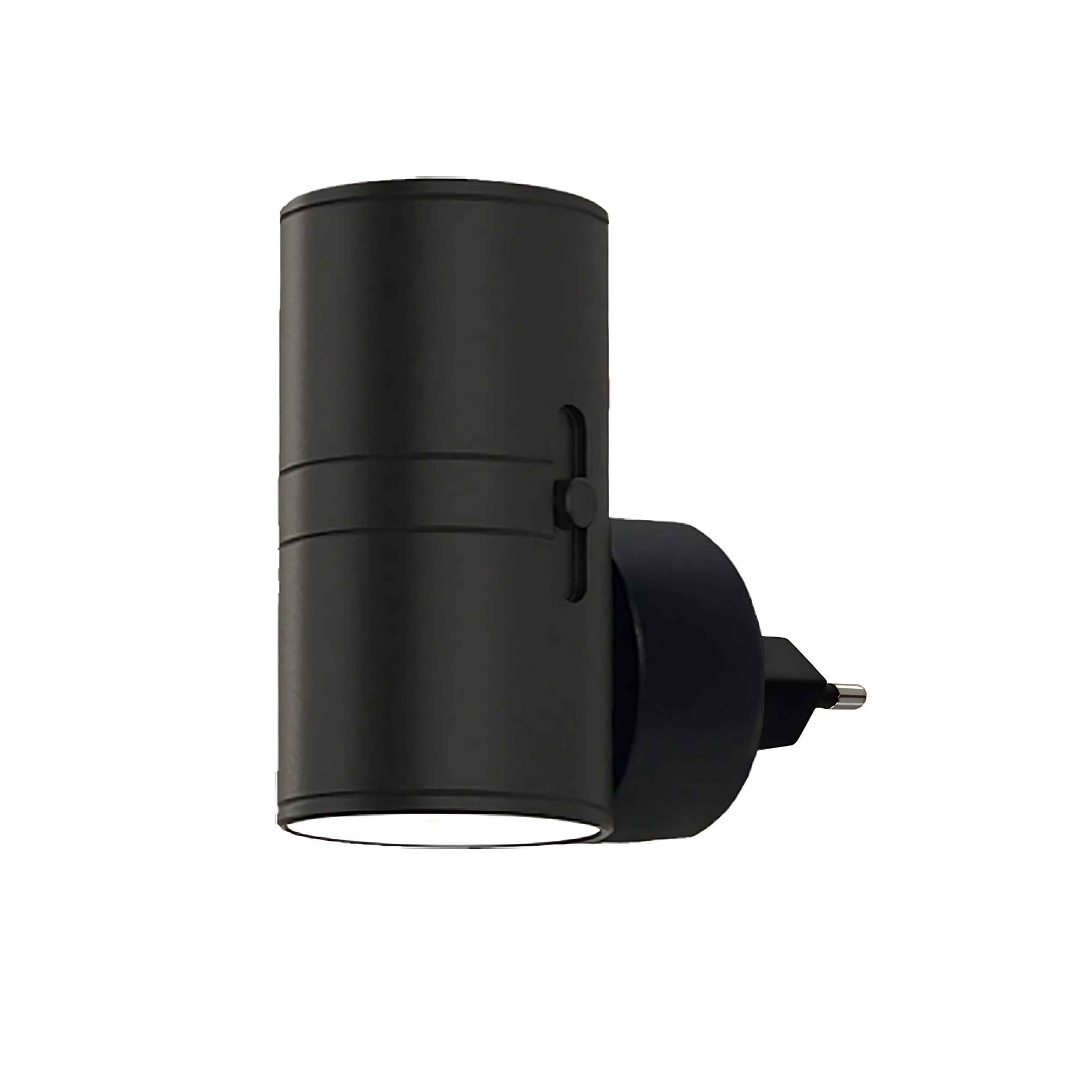 Schwarze zylindrische Wandleuchte mit Stecker. Das Licht hat einen verstellbaren Schieber und strahlt nach unten.