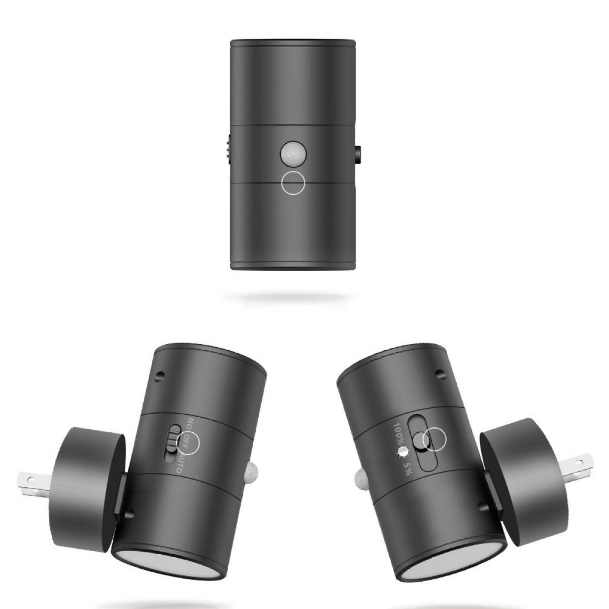 Drei schwarze zylindrische Geräte. Eines aufrecht, mit einem Sensor. Die anderen beiden sind abgewinkelt und zeigen Stecker und Schalter.