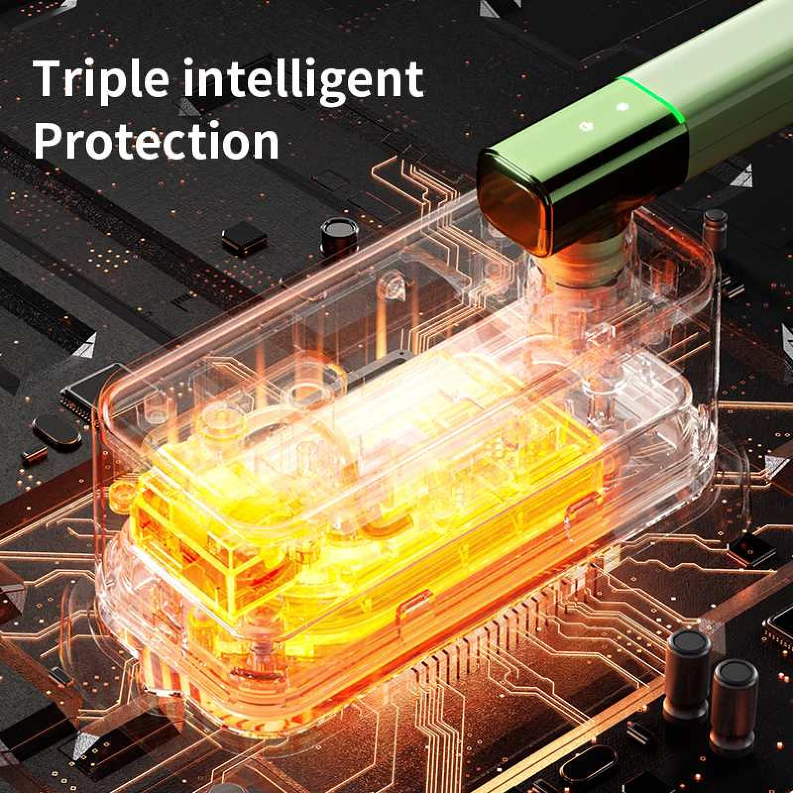 Ein abstraktes Bild zeigt ein Gerät mit grünen und transparenten Teilen vor einem Hintergrund einer Leiterplatte. Text lautet: 'Triple intelligent Protection'.