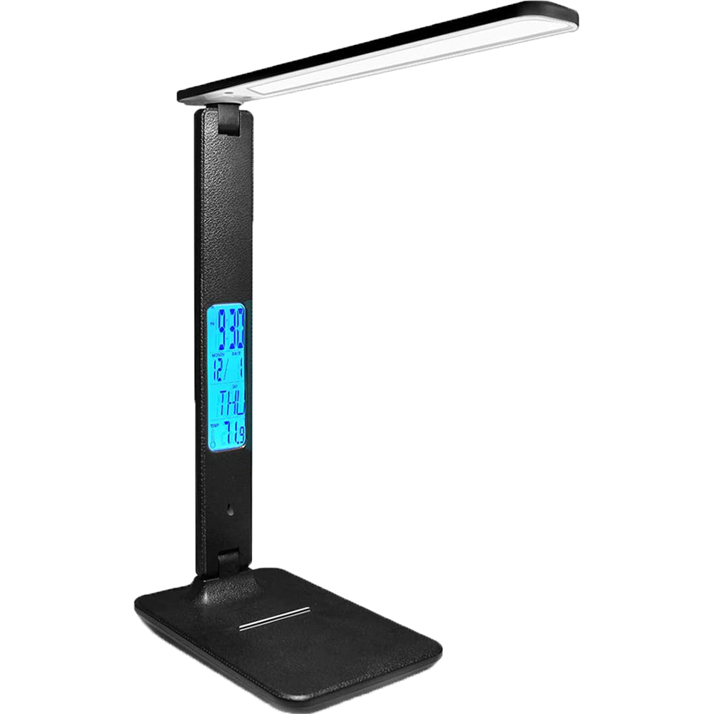 Eine schwarze LED-Schreibtischlampe mit Digitalanzeige für Uhrzeit und Datum. Die Lampe steht vor weißem Hintergrund.