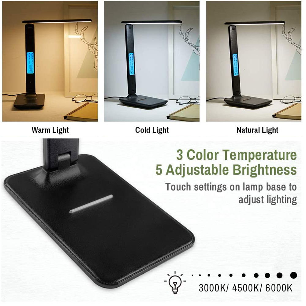 Schwarze Schreibtischlampe mit einstellbarer Helligkeit und Farbtemperatur. Zeigt warme, kalte und natürliche Lichteinstellungen. Mit Touch-Steuerung.