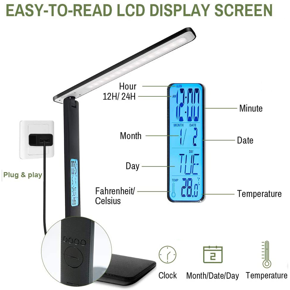 Schwarze Schreibtischlampe mit LCD-Bildschirm, der Uhrzeit, Datum und Temperatur anzeigt. Es hat eine Plug-and-Play-Funktion. Der Bildschirm ist blau.