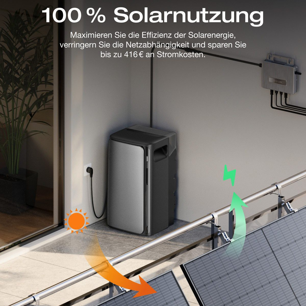 Solarpanel auf einem Balkon mit Speichereinheit, Sonnensymbol und Text über Solarenergie.
