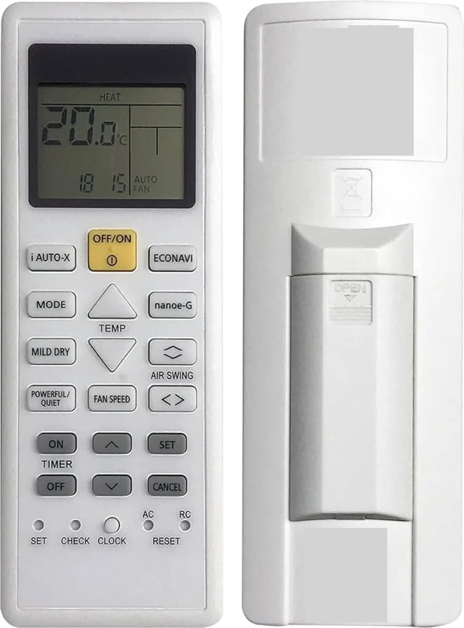 Eine weiße Klimaanlagen-Fernbedienung mit Digitalanzeige, die 20,0 °C und verschiedene Tasten für Einstellungen anzeigt.