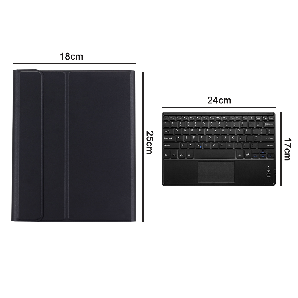 Schwarze Tablet-Tastatur und Hülle. Die Tastatur hat ein Touchpad und Tasten. Abmessungen: 18x25cm und 24x17cm.