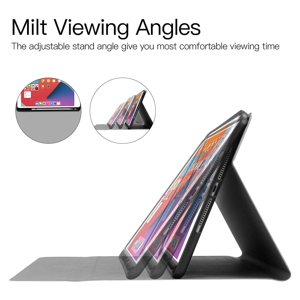 Ein iPad in einer schwarzen Hülle, abgewinkelt mit Ständer. Illustrationen zeigen verschiedene Betrachtungswinkel. Text: Milt Viewing Angles.