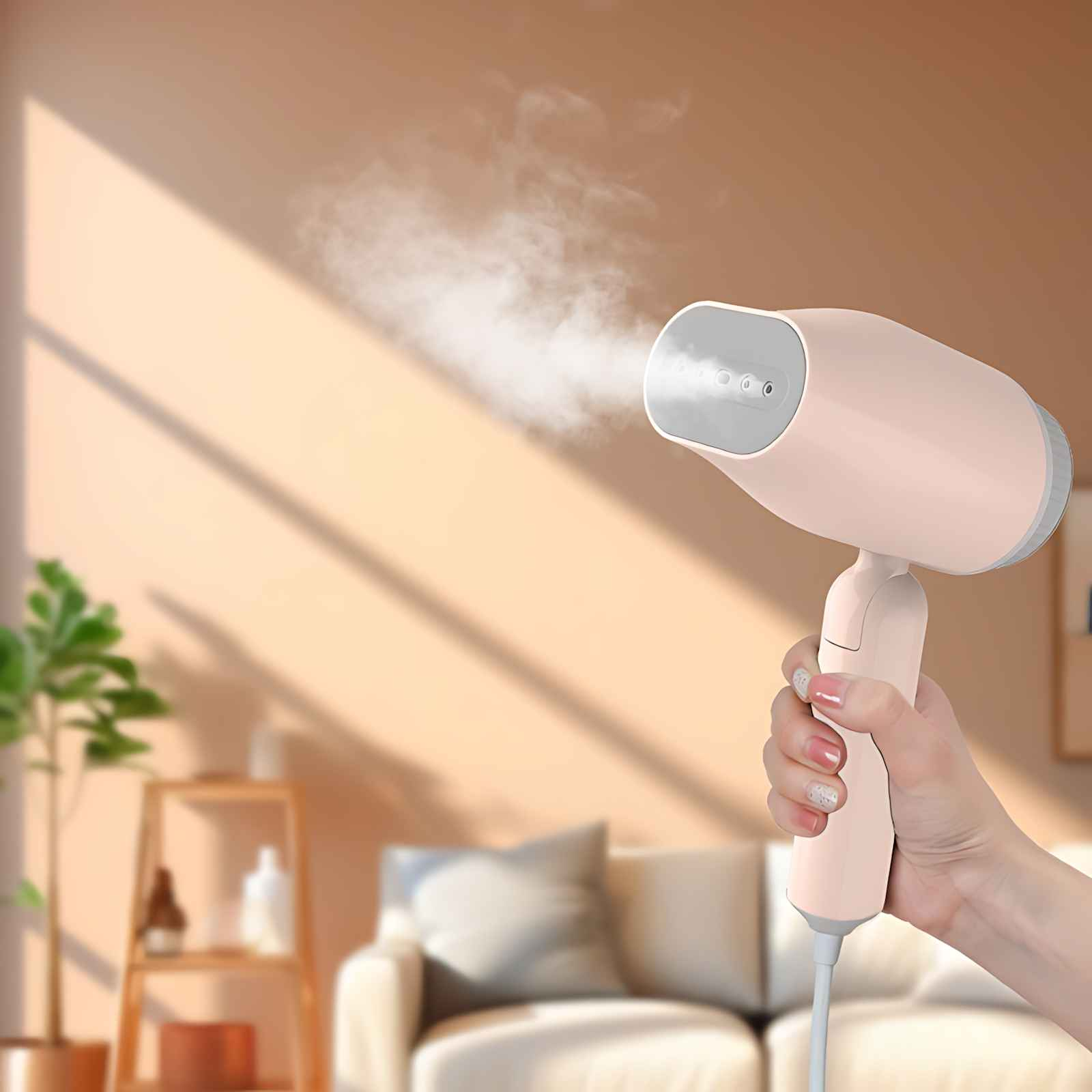 Eine Hand hält einen rosa Dampfer und setzt Dampf frei. Hintergrund: beige Wand, Sofa, Pflanze und Holzregale.